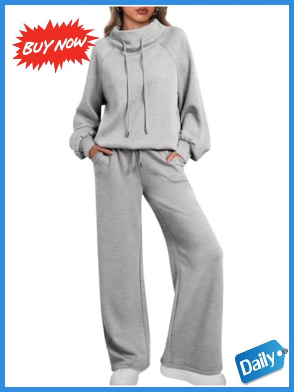 Mock Neck 2 Piece Lounge Sweat Set Wide Leg Pants Matching Fall Airport Travel